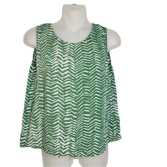 Fun2Fun Top Womens Size XS Green White Sleeveless Blouse High Low Printed V Back - Picture 1 of 8